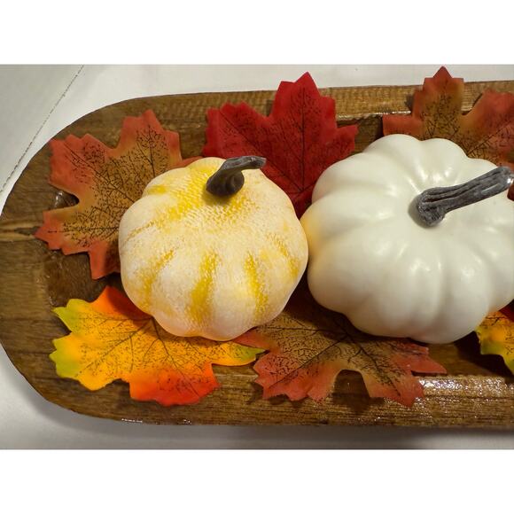 Carved Wooden Dough Bowl Primitive Wood Rustic Fall Decor, Pumpkins, Leaves - Picture 5 of 13